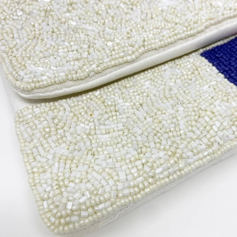 Gold & Pink Bee on Ivory Blue Red Stripe Beaded Clutch